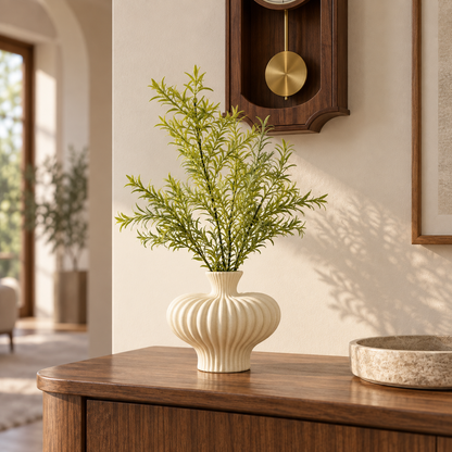 Matte White Ribbed Ceramic Decorative Vase